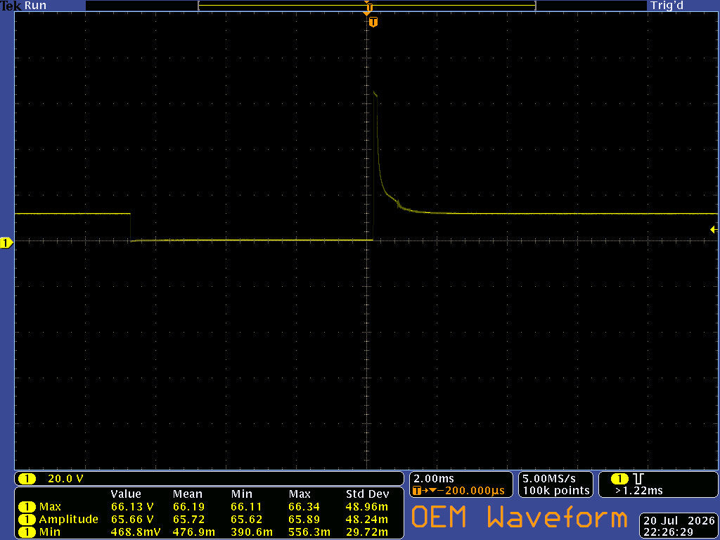 Tektronix phosphor scope showing OEM Sanken STA460c waveform, driving a high impedance fuel injector.