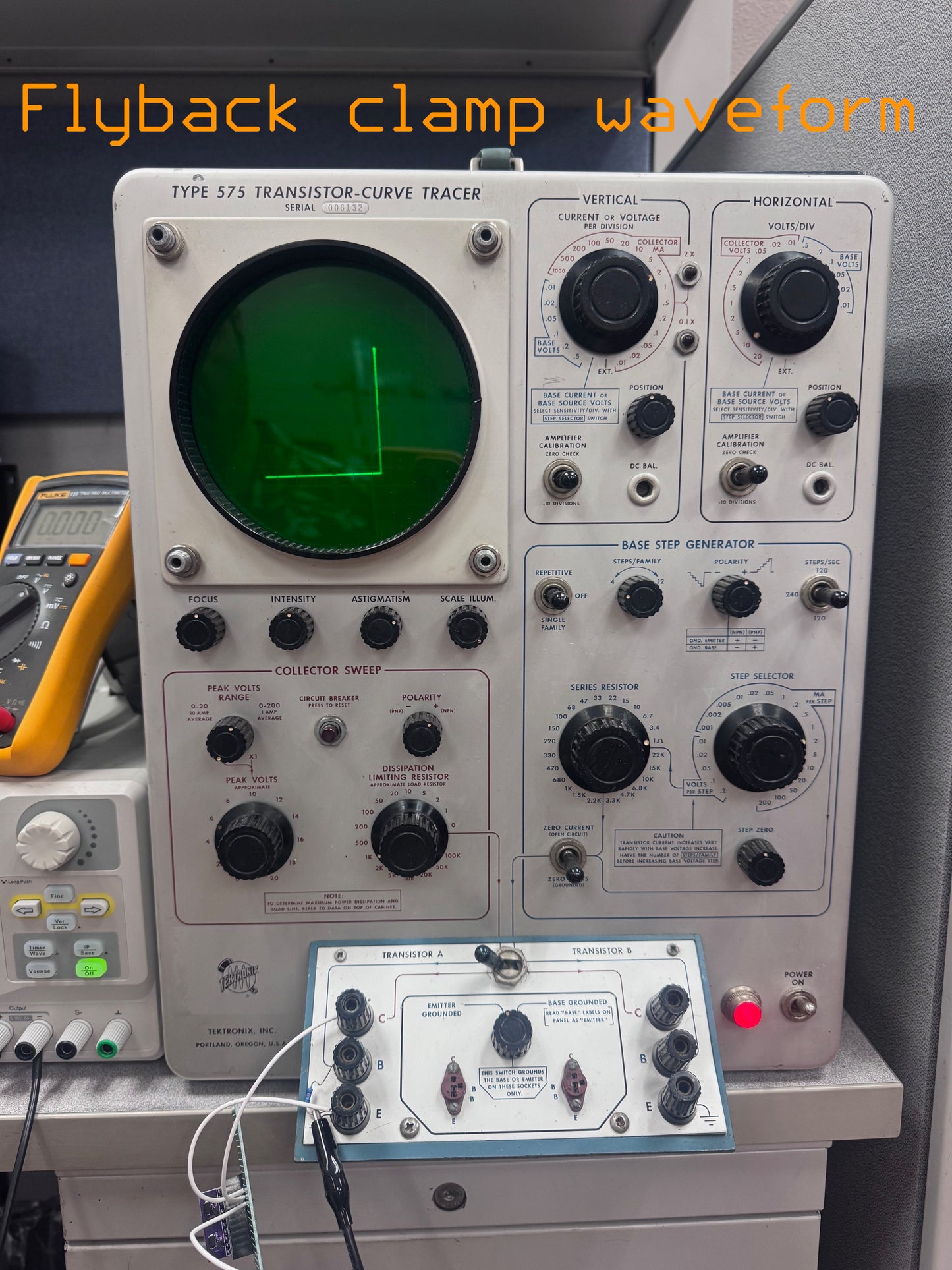 Tektronix 575 curve tracer showing TVS (avalanche) breakdown of STA460