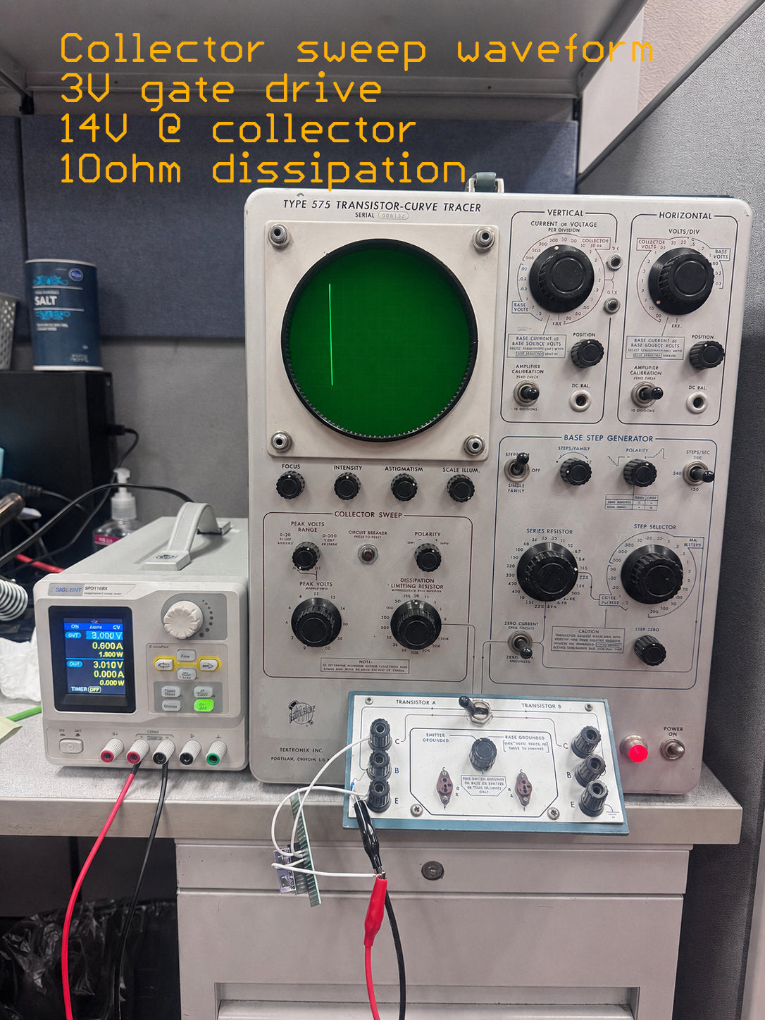 Tektronix 575 curve tracer showing current sink on replacement STA460.  Gate current is supplied with an external bias supply.